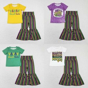 Clothing Sets Wholesale Kids Mardi Gras Set Baby Girl Short Sleeves T-shirts Toddler Children Stripes Bell Bottom Pants Crawfish Outfit