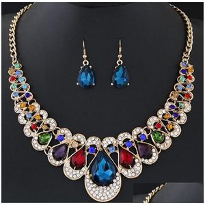 Earrings Necklace Water Drop Sets Crystal Diamond Gold Chandelier For Women Girls Lady Fashion Wedding Accessories Jewelry Set Deliv Dhj82