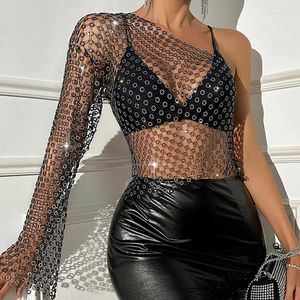 Tanques femininos Mulheres brilhantes de uma camisa de festa de strass em um ombro, veja embora o biquíni encobra o Diamante Mesh Flower Crop Tee