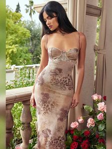 Runway Dresses Foral Long Prom Dresses Spaghetti Straps Leopard Printing Dress Party Dress Elegant Women Bodycon Formal Dress Wedding Guest T240518