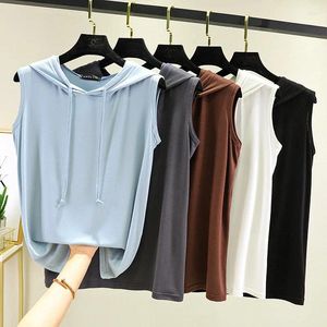 女性用スリープウェアサマーパジャマ薄いモーダルボトムシャツのノースリーブTシャツフード付きトップレディース衣類ルーズベスト外摩耗