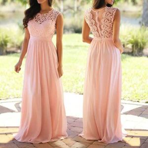 Vestidos de pista elegante chiffon renda uma linha vestido de dama de honra Long Women Women Sleveless O pescoço ilusão de volta ao verão praia