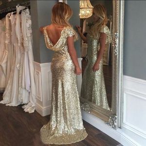 New Arriva Gold Sequined Sheath Cap ärmlösa långa brudtärklänningar för bröllopsfest i Stcok Prom -klänningar 2548