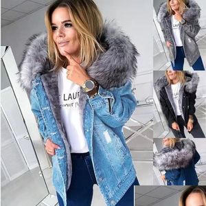 Womens Jackets Winter Women Long Sleeve Faux Fur Hood P Warm Jacket Ripped Buttons Denim Coat Fashion Casual Drop Delivery Apparel C Dhxck