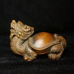 Length 7 CM Old Chinese boxwood Hand carved Dragon Turtle Figure statue desk Decoration Netsuke Gift Collection 240517