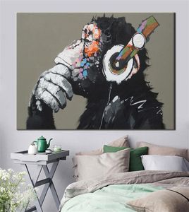 Large Animal Picture Canvas Pintura Impressa Modern Funny Thinking Monkey com fone de ouvido Poster de arte para a sala de estar Y207010311