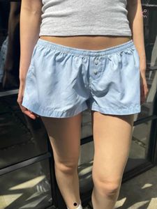 Shorts femininos azuis listrados straigth feminino de verão buttons elásticos casuais calça curta curta algodão y2k
