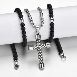 Black Stone Cross Pendant Mens Rosary Necklace 14K Gold Catholic Crucifix Pendant Necklace Chain Gift