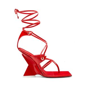 2024 sandálias de couro genuíno mulheres mulheres alienígenas cunha de saltos altos vestido de festas de casamento de verão peep-toe sapatos de gladiadores com cacho