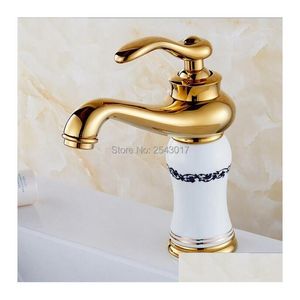 Bathroom Sink Faucets Blue And White Porcelain Golden Plated Basin Faucet Single Hole Cold Ceramic Deck Mounted Drop Delivery Dhoqp