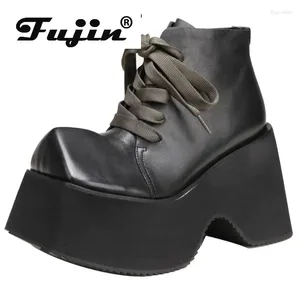 Boots Fujin 10.5cm Comfy Woman Ethnic Platform Ankle Boot Spring Big Strange Toe Genuine Leather Autumn Fashion Shoes Moccasins
