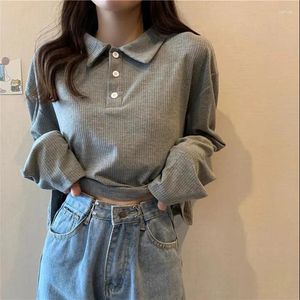 Kvinnors tröjor Antumn Winter Women Long-Sleeve Lapel Sticked Shirt Knitwear Y2K Crop Tops Elastic Jumpers Indie Fashion Black Grey