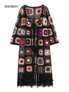 Women's Knits Woman V Neck Lacing Up Hem Tassel Long Sweater Knitwear Jumper BOHO Colored Plaid Flower Hand Crochet Cardigan Vintage