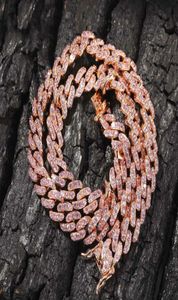 9 mm mrożone kobiety Choker Naszyjnik Rose Gold Metal Cuban Link pełny z różową sześcienną cyrkonią Kamienie Łańcuchowe biżuterię4443231