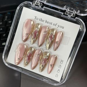 EMMABEAUTY Pink Crystal Cat Eye Sweet Cool Water Grow Shape Blush Gold Hand Painted Press de unhas com estilo legal 240518