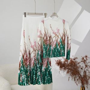 Miyake Plissee Anzug für Frauen 2024 Spring Fashion Blumendruck Langhülle hoher Hals-Obert mit hoher Taillenrock zweiteiliger Set 240517