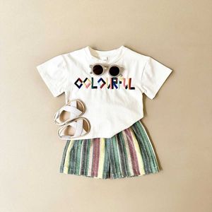 衣料品セット夏の赤ちゃんセット半袖+ストライプの半袖Tシャツレターカラーホリデーボーイズアンドガールズカジュアルな新生児コットンドレス0-3Y J240518