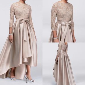 Mother Off Bride Groom Dresses Champagne Lace Applique Sequins Top 3 4 Long Sleeves Satin High Low Sashes Evening Gowns 210t