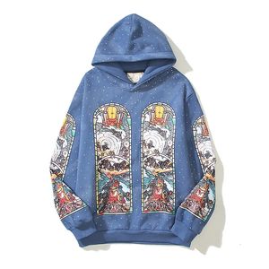 European and American Cartoon Print Plush Flannel Hoodies for Men Retro Distressed Graffiti Dyed Foam Printed Hoodie Y2k Vintage 240508