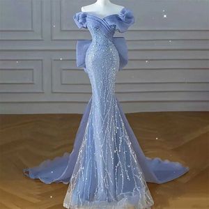 Runway Dresses Fashion Sky Blue Sequin Ball Dress 2024 Shoulder Bead Bow Back Womens Mermaid Evening Dress T240518
