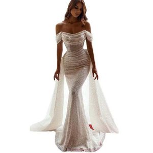 Runway Dresses Luxury White paljetter Vestido de Noche Sexig från axel Gaze Cloak Party Dresses Elegant Mermaid Bridesmaid Evening Dresses T240518