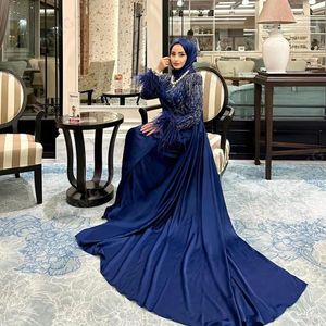 Arabic Dubai Modern Beaded Muslim Prom Dresses with panel Feather long Sleeves Mermaid Kafan Evening Gowns Pleat Satin Hijab Formal Dress