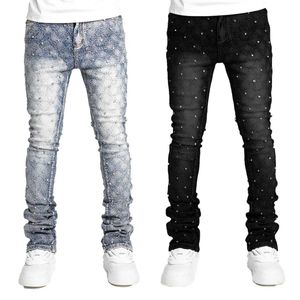 Mäns jeans europeiska personliga staplade jeans för män smala fit stretchy pärlor mans nya designer jeans t240515