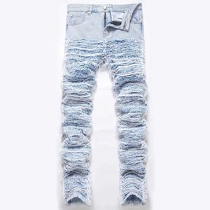 Men's Jeans European Heavy Industrial Men Stacked Jeans Non-stretchy Straight Pants Frayed Tassel Denim Bottoms T240515