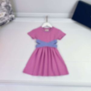 Vestidos primavera/verão garotas de vestido transversal fita de algodão contraste de manga curta Salia de roupas infantis