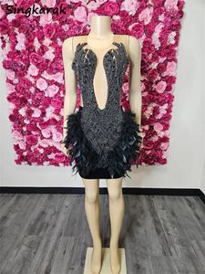 Party Dresses Black Diamonds Short Prom Sexig Sparkly Beads Rhinestone Crystal Feathers Birthday Senior Homecoming Gown