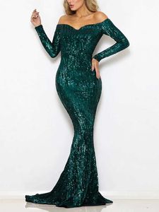Runway Dresses Sexig snedstreck Sweatheart Off Axel Padded Stretch Sequin Evening Night Formell Dress Floor Längd Backless Party Gown T240518