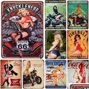 Metallmålning Garage Pin Up Girls Tin Signs Vintage Affischer For Men Women Wall Art Decor Home Bars Clubs Cafes Drop Delivery Garden A Otual