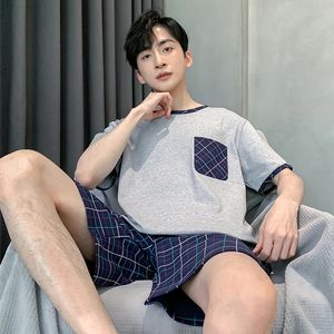 O-Neck Full Cotton Mens 여름 짧은 소매 반바지 잠옷 세트 큰 크기 L-4XL 잠자기 레저 레저 정장 나이트웨어 남성 Pijamas 240518