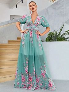 Runway Dresses Toln Women Golvlängdsklänningar Stylish Chiffon Print Bridesmaid Dress Sisters Sexig snörning V-Neck FLAGE SLVE Wedding Dress T240518