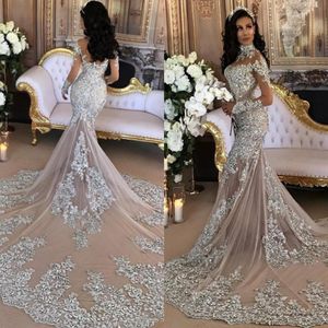 2018 Luxurious Evening Dresses Wear High Neck Sheer Long Sleeves Lace Appliques Crystal Beaded Court Train Prom Gowns Plus Size Party D 283Q