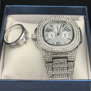 Mężczyźni hip -hop lodowany diamentowy zegarek Pierścień zestaw kombina