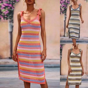 Elegant Women Knitwear Cover Ups Spaghetti Strap Color Blocking Striped Backless Sexy Bikini Slit Swimwear Dress