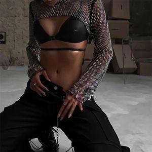 Kadınlar Rhinestone Parlak Renkli Y2K Net Matkap Önlenir Şallarda Bazk Crystal Longsleeve Seksi Parti Kulübü Kısa Mahsul Top 240517