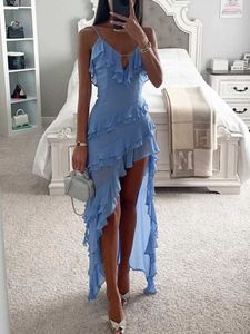 Sukienki z pasa startowego Tossy kobiety seksowne falbany spaghetti pasek maxi sukienka swobodna v slveless nieregularne hem elegancki impreza plażowa vestidos femme t240518