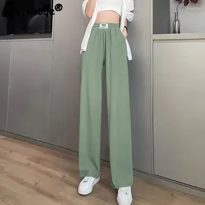 Women's Pants Korean Style Solid Ice Silk Thin Straight Wide Leg Trousers Female Summer Casual Streetwear High Waist Slim Womens Clothes