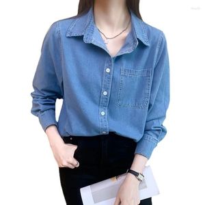 Polos femminile Shirt in denim in cotone per donna 2024 pendolare rilassato top top casual blusa a maniche lunghe morbide