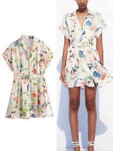 Trafza Womens Vintage Floral Printed Mini Dress Short Sleeve Casual Loose Party Dress Fashion Satin Silk Textured Dresses 240517