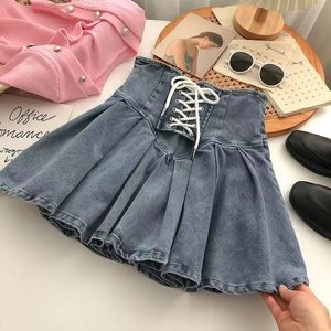 Spring Autumn Girls Pleated Skirt Baby Denim Skirt Kids Skort Children Fashion Bottoms Stretchable Waist Lacing 3-14Y 240518