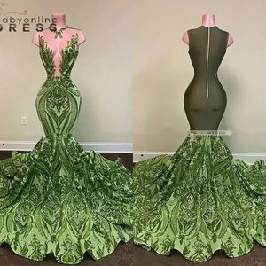 Błyszcząca cekinowa oliwna zielona syrenka afrykańska sukienki na bal