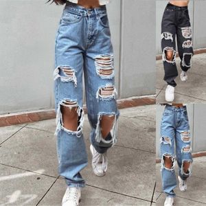 Kvinnors jeans 2024 Stor tvättade trasiga jeans kvinnor vår och sommar heta flickor hög midja rakt rör lösa tiggare breda benbyxor t240518