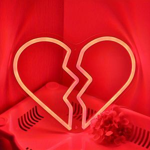 Broken Red Heart Led Wall Neon Signs Nachtlichter für Geschenk Single Party Pub Club Event Show Home Room Dekoration 240517