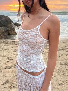 Женские танки Camis Chronstyle Sexy Women Women Spaghetti Strap Beach Camis Lace S через Slveless Tank Summer Slim Fit. Открытые жилеты для пупок Tops Y240518