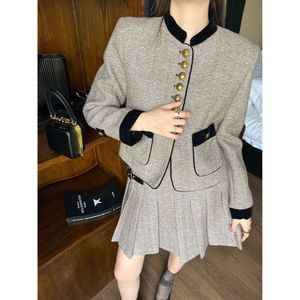 Women's Suits & Blazers Ce2023 Autumn Winter Woolen Dark Gray Brown Jacket Paired with the Same Series of Fashionable Pressed Pleated Skirts for Daily Commuting