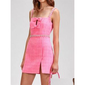 Basic Casual Dresses Womens Bow Pink T Sling Mini Dress 2023 Spring And Summer Sleeveless Slim Sexy Pearls Trim Short Robes All-Mat Dhrim