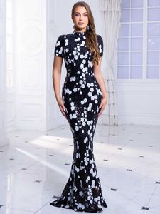 Runway Dresses Short Slve High Neck Floral Sequin Evening Dress Slim Long Bodycon Prom Maxi Gown Cheongsam Style T240518